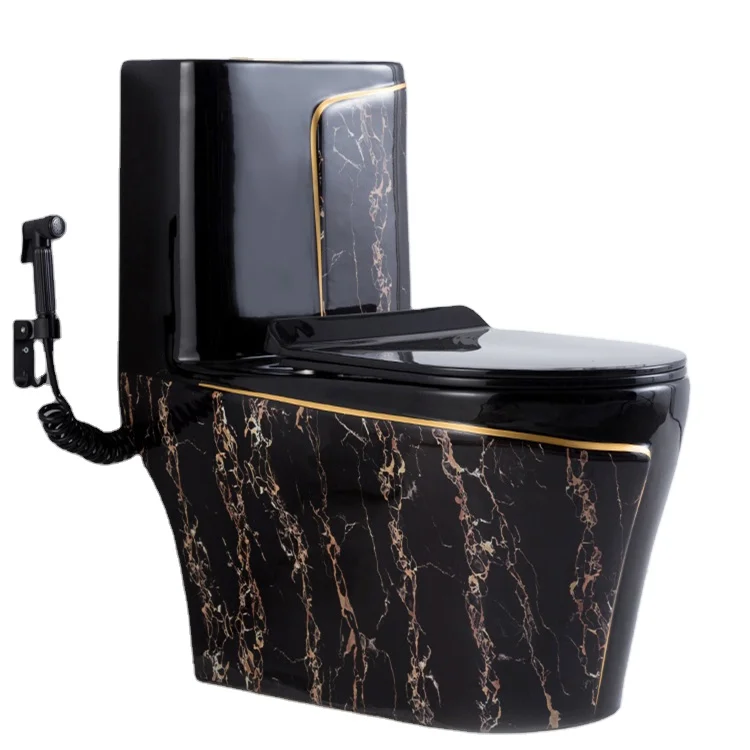 luxury design glossy glaze toilet ceramic black and gold wc one piece toilet