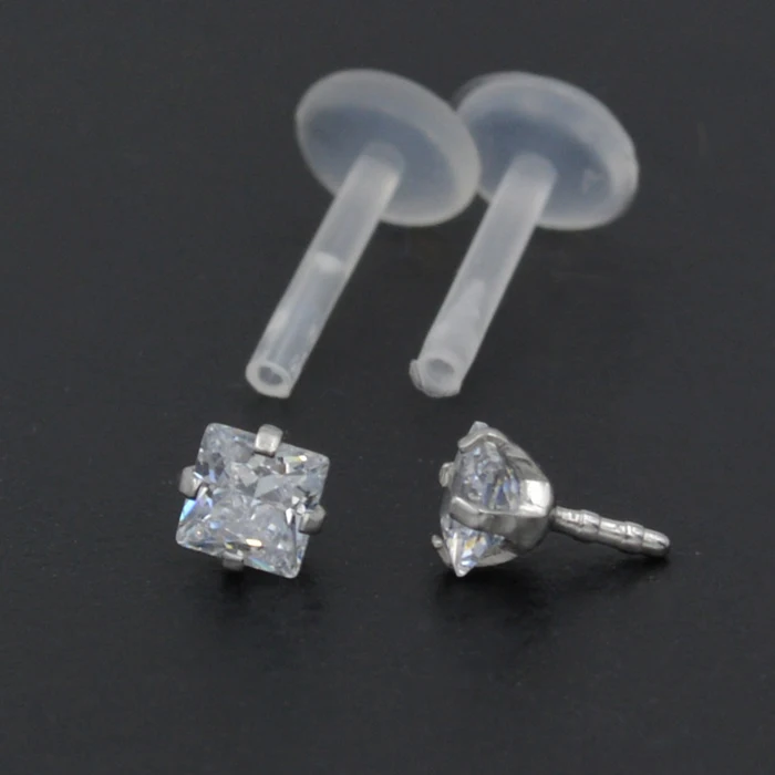 PTFE Bioflex Threadless Push in Labret Lip ring  with prong Setting CZ Gems