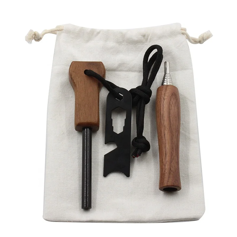 Custom Bushcraft Fire Kits Magnesium Ferro Rod Feuerstarter Kit with Wooden Blower Pipe for Camping