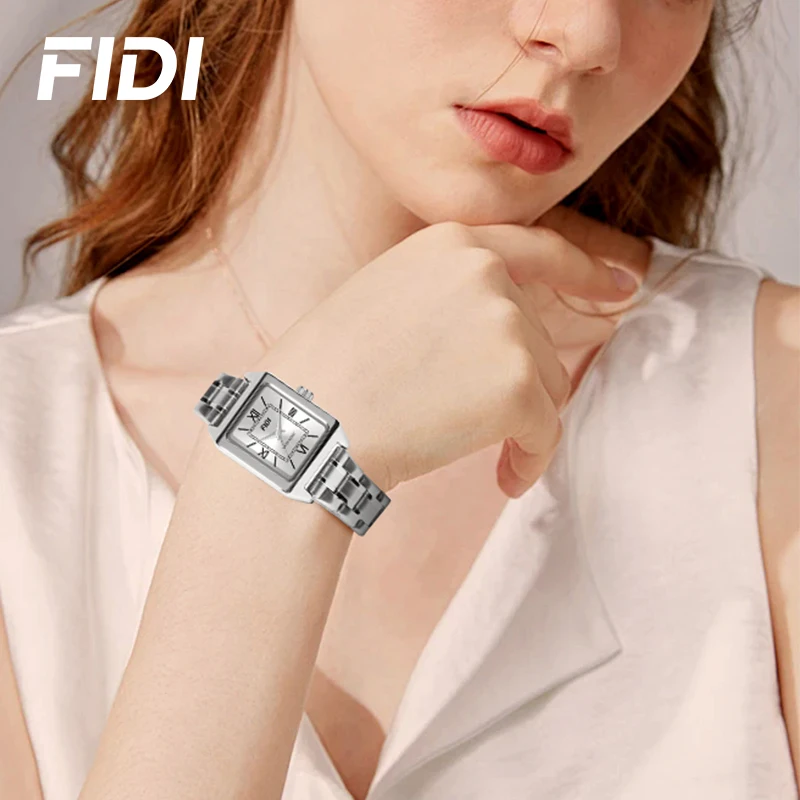 FIDI Fashion Business Women Watch Roman Numeral Square Stainless Steel Strap Waterproof Wristwatch Lovers Casual Quartz Watches