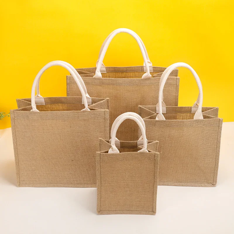 Natural Burlap Handbag Shoulder Travel Beach Reusable Grocery Shopping Bags Jute Bag Tote