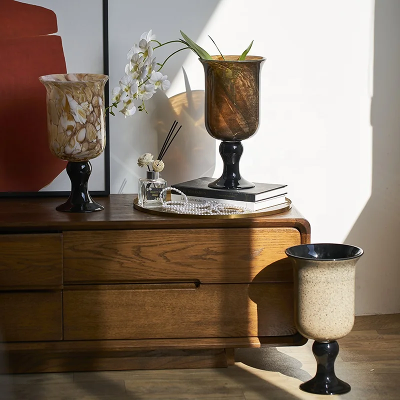 Bixuan Handblown Glass Vase Home Decor Table Centerpieces Candleholder Lantern Shape Maillard Brown Colorful Glass Flower Vase