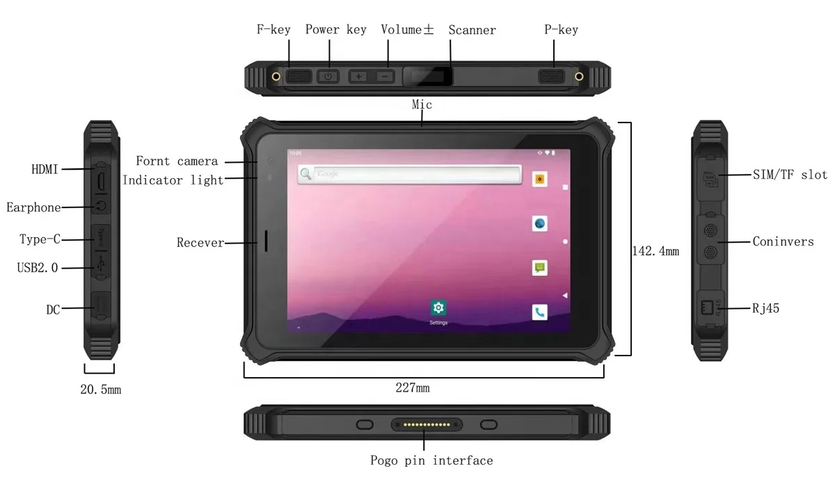 support 100M 1000M Ethernet LF125K option removable battery 1000nits higher brightness 8inch android rugged tablet pc