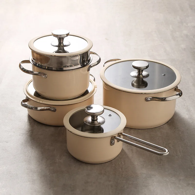 Korean Stainless Steel 304 Double Bottom Cookware Set Ceramic Lacquer Soup Milk Steamer Auxiliary Food Pots
