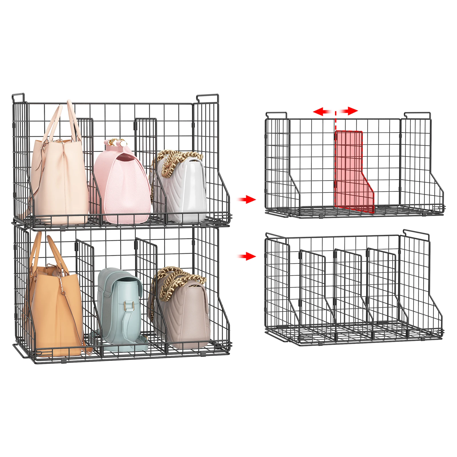 Hot sale Adjustable Dividers Closet Purse Organizer metal wire black storage basket for Wallets Tote Chain Bags Clutches