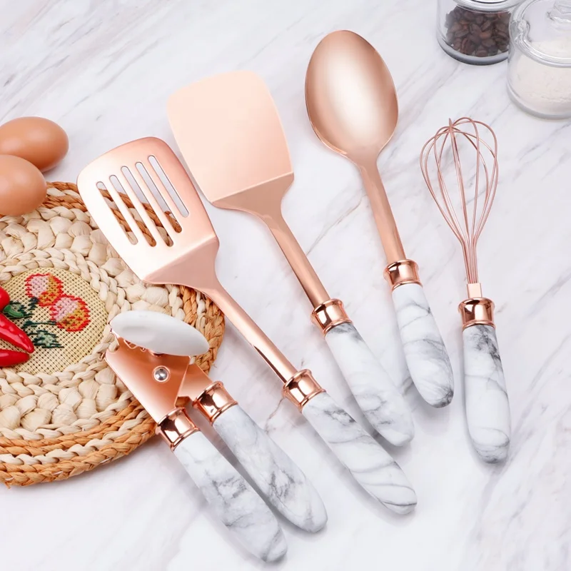 Лидер продаж на Amazon, кухонные принадлежности, кухонные аксессуары из нержавеющей стали цвета розового золота с ручкой из мрамора