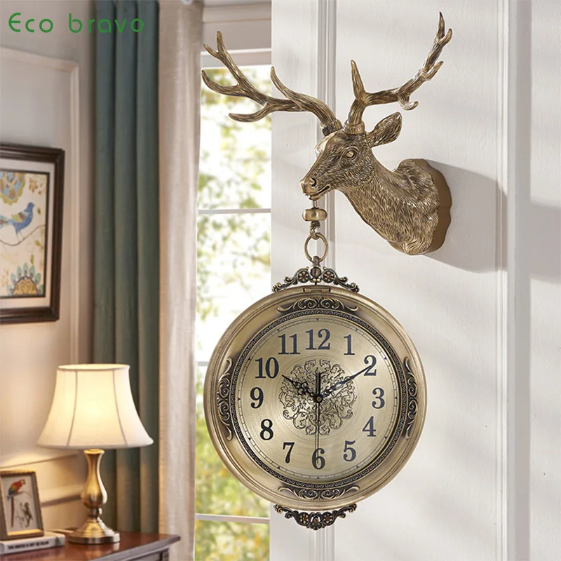 Home Decor Metal Crafts European Silent Wall Clock Brass Deer Head Wall Hanging Living Room American Clock Decoration Gift