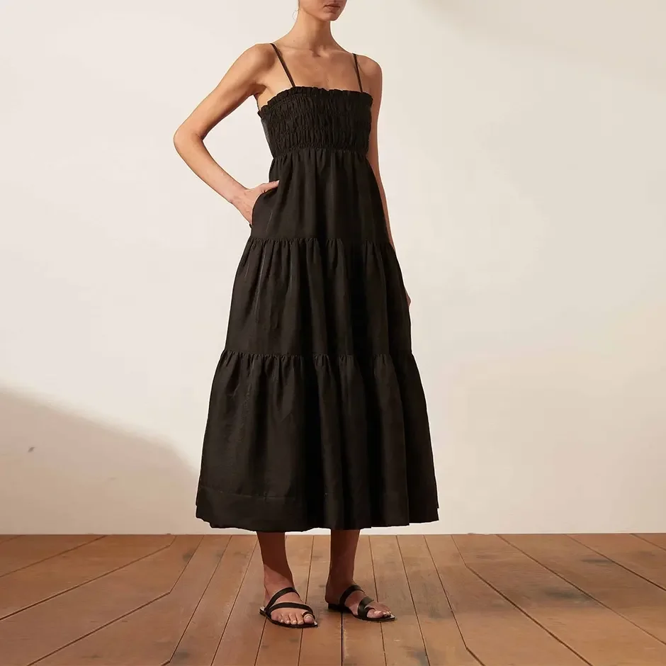 High Quality Custom Black Pleated Backless Lace up Slip Dress Sexy Midi Dresses