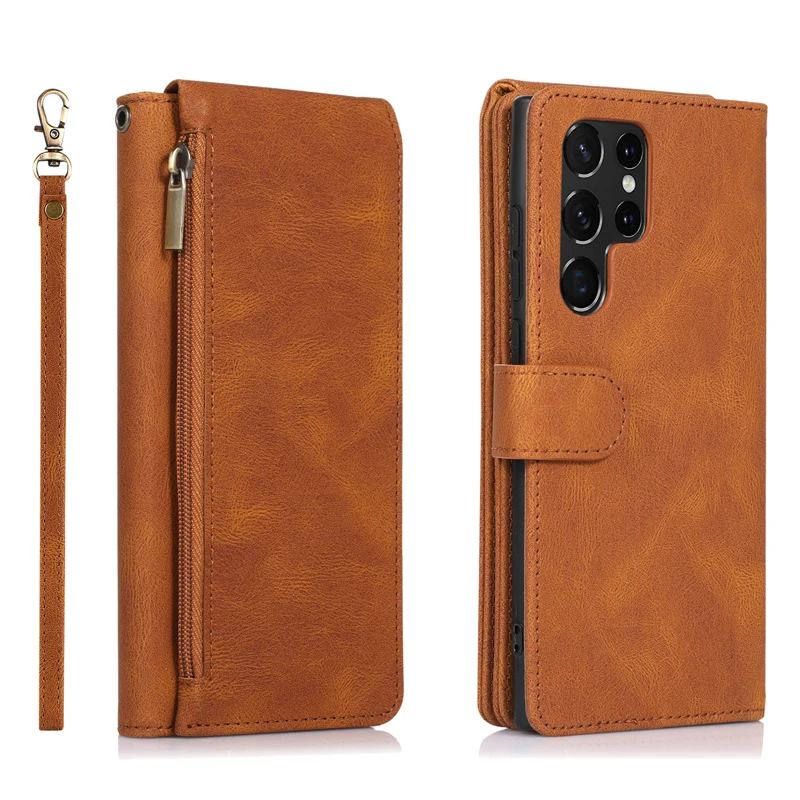 Pu Leather Wallet Flip Cover Leather Phone Case Ziplock Bag  For Samsung S22 Ultra A Aeries