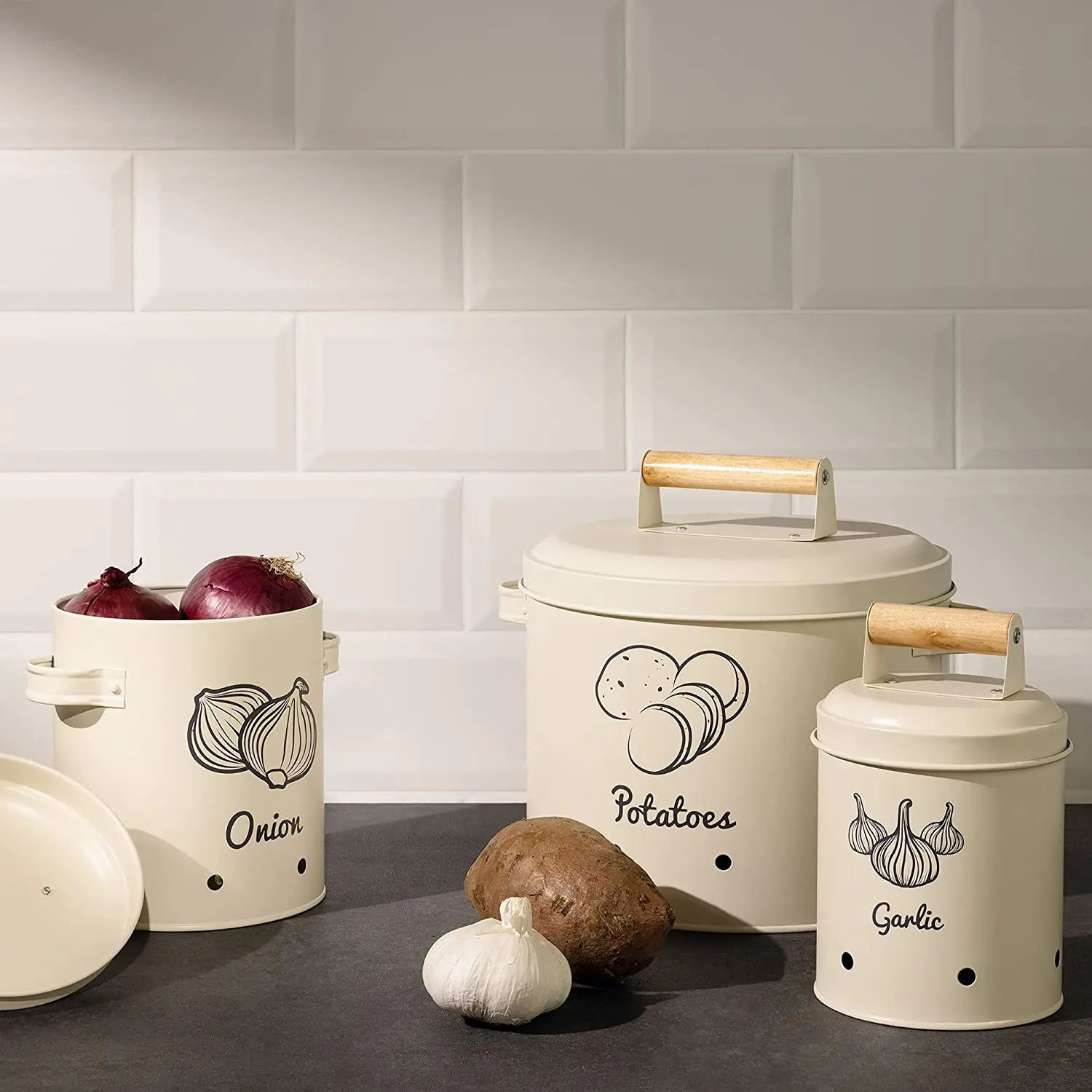 Farmhouse Metal Potato Onion Garlic Canister Sets for Kitchen Counter