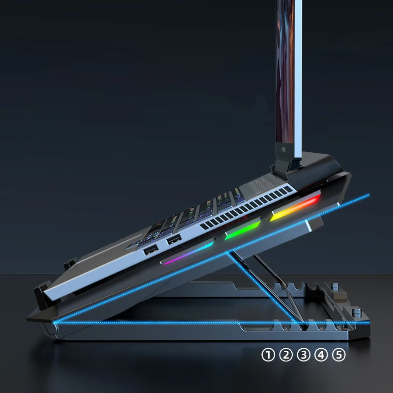 Gaming Rainbow lights RGB notebook cooling pad ergonomic stand with 5 fans 2 USB port Roller switch support OEM ODM Spot stock