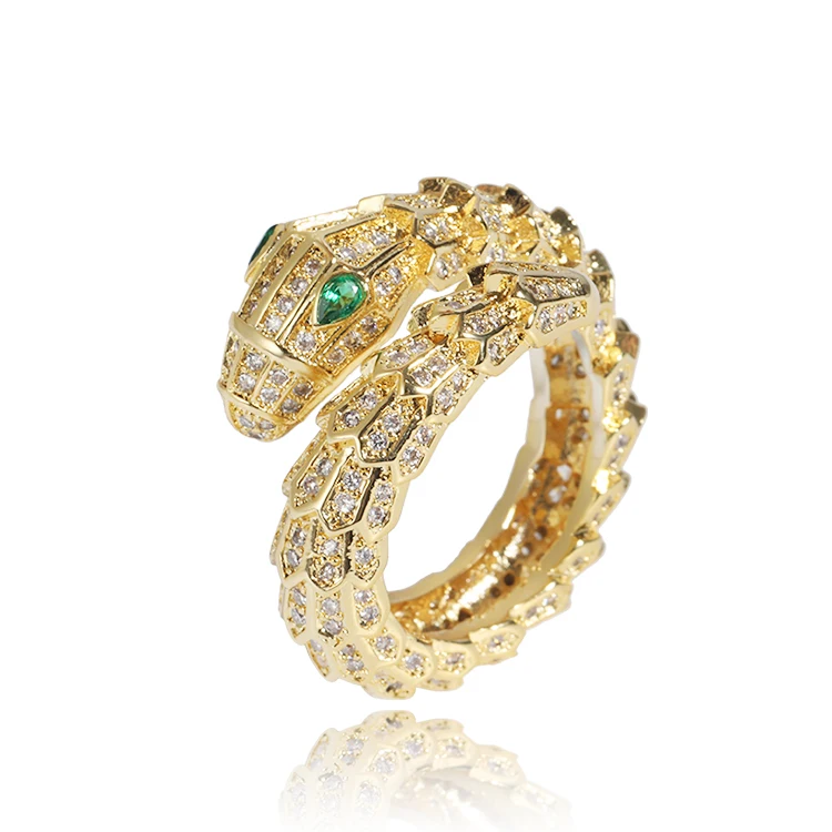 Animal shaped golden color green eyes snake ring for women 16k 18k gold plated ring China supplier wholesale