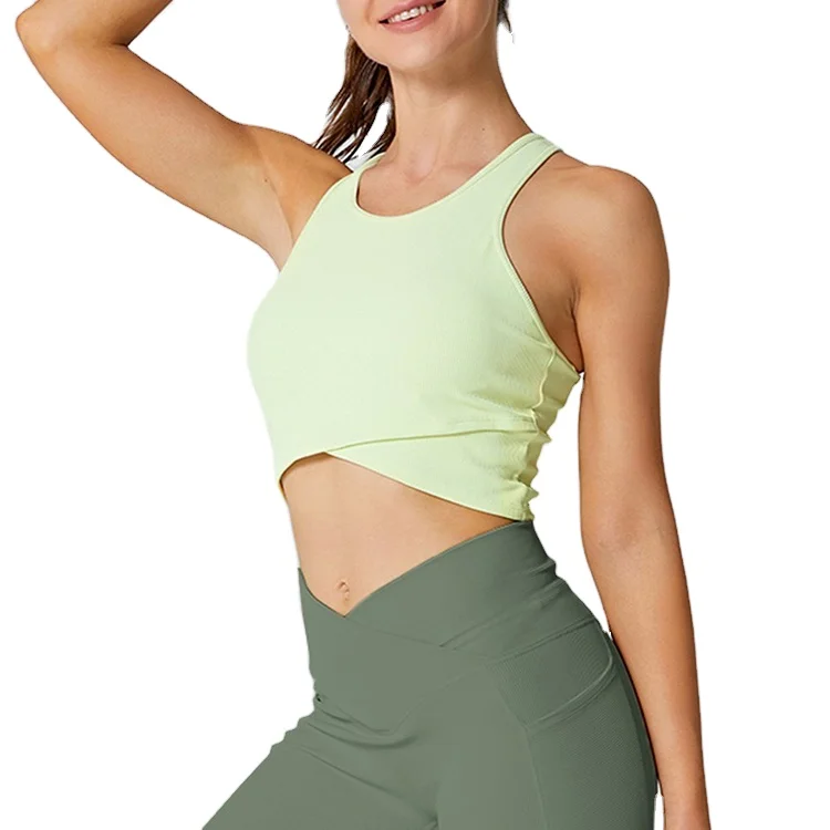 
Custom Racerback Gym Sports Wear Low Support Removable Pads Ribbed-Knitted Crossover Crop Tank Tops 