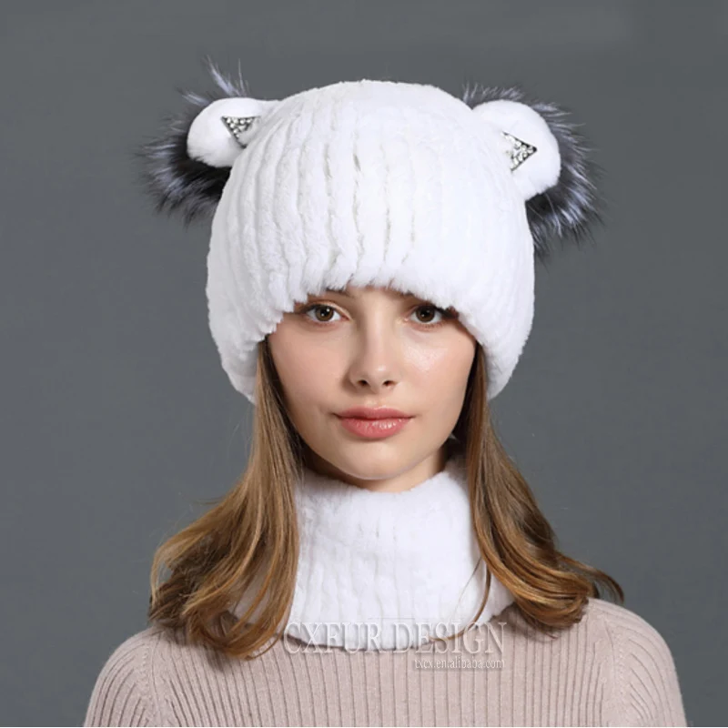 CX-C-97C Lady Boutique Outfit Hand Knitted Rex Rabbit Fur Women Winter Beanie Hat and Scarf Set