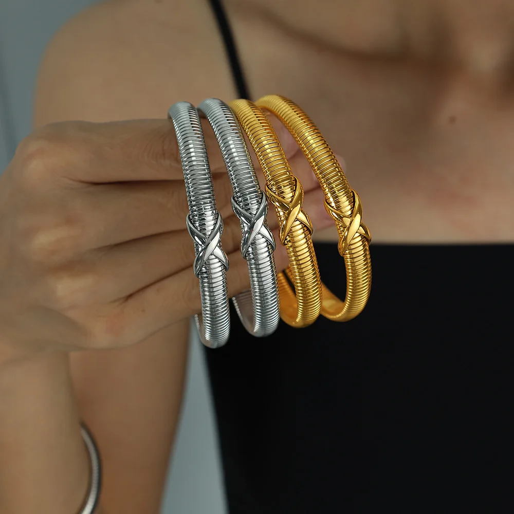 Trendy 18K Gold Filled Chunky Chain Cuff Bangle Stainless Steel Non Tarnish Waterproof Cross Knot Wristband Bracelet MK4152