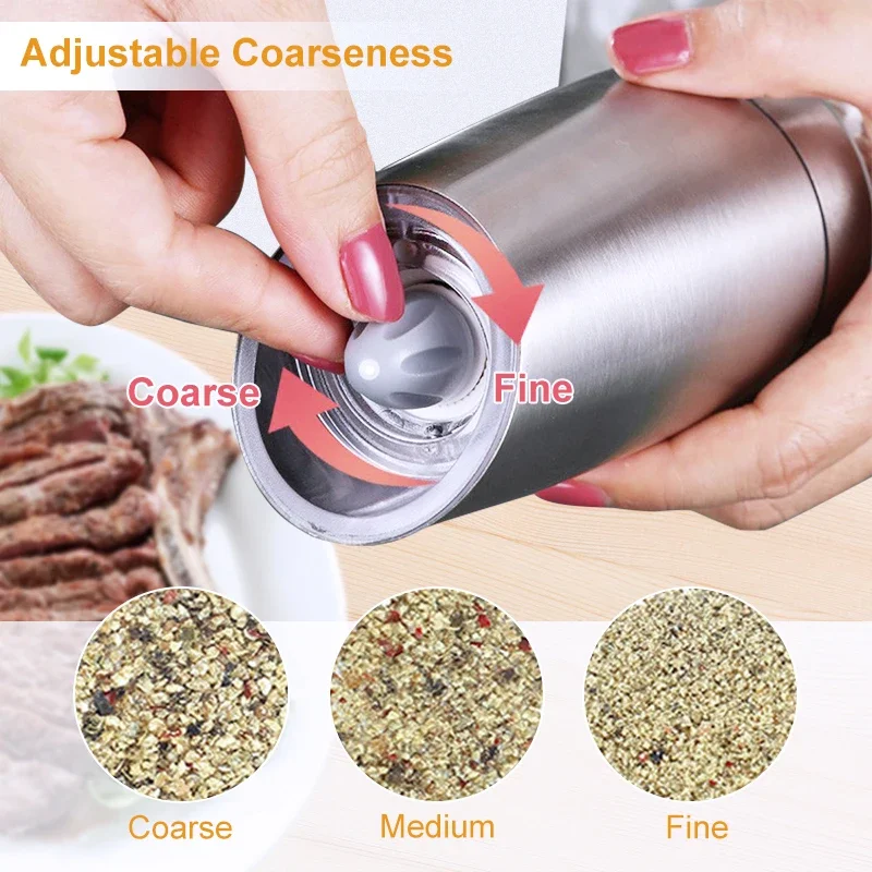silver battery powered with LED light automatic operation stainless steel gravity electric mill pepper and salt grinder set