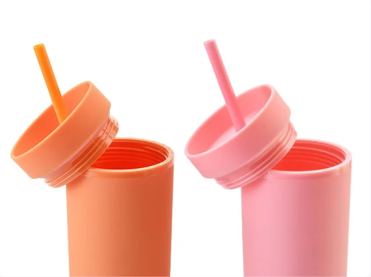 16oz Colorful Plastic tumblers double wall insulation coffee mugs curve wine tumbler with straw and
