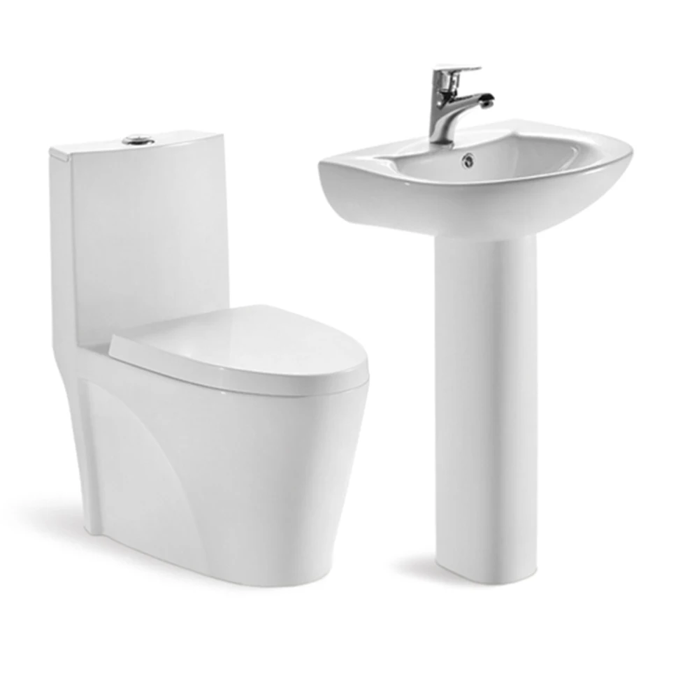 One Piece Toilet Floor Mounted Siphonic Wc and Pedestal Wash Hand Basin Bathroom Set