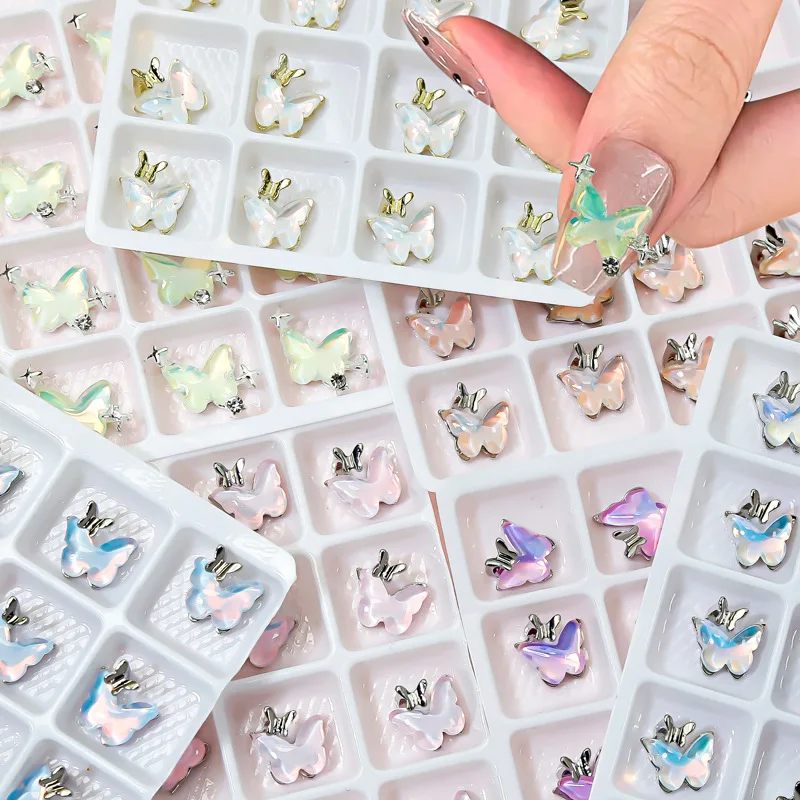 French butterfly nail art alloy accessories with colorful aurora and a cool niche exquisite feel for butterfly nail decorations
