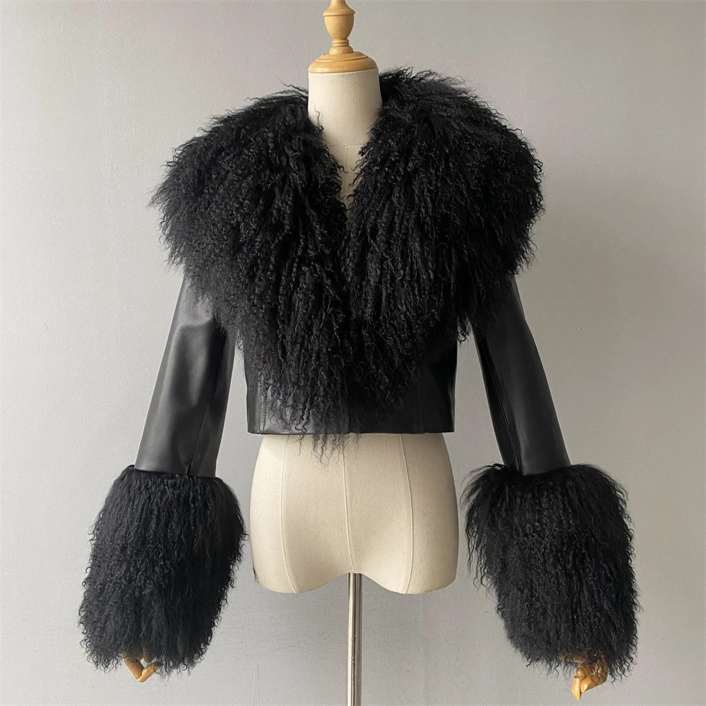 Soft Fall Spring Women Cropped Sheepskin Coat Motorcycle Real Mongolian Lamb Fur Collar Ladies Luxury Genuine Leather Jackets