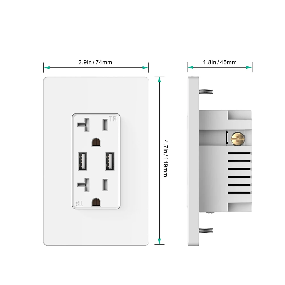 Electrical outlet with Two USB ports 2.1 3.6 4.8A 5VDC 20A USB Wall outlet