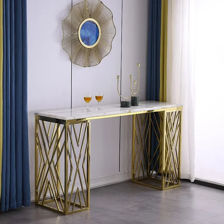 Decorative Simple Stainless Steel Golden Console Table Marble Top White Gold Metal Base Console Table For Living