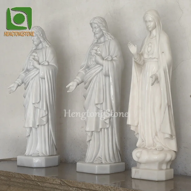 Religious Sculpture Small Size H62cm Marble Jesus And Virgin Mary Statue In Stock