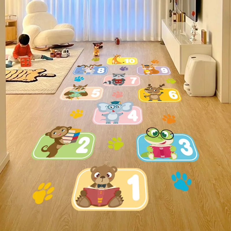 2024 hot Cartoon Animal Digital Hopscotch kindergarten school 3d numbers wall and Game floor decoration stickers