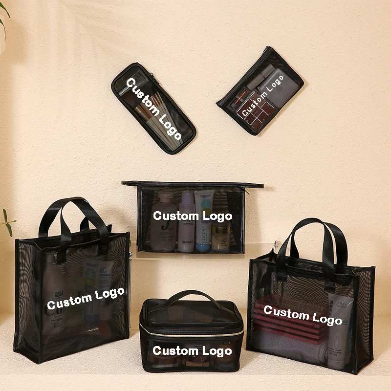 H026 Custom Logo Wholesale Bolsas Travel Portable Transparent Clear Mesh Cosmetic Toiletries Wash Makeup Vanity Tote Storage Bag