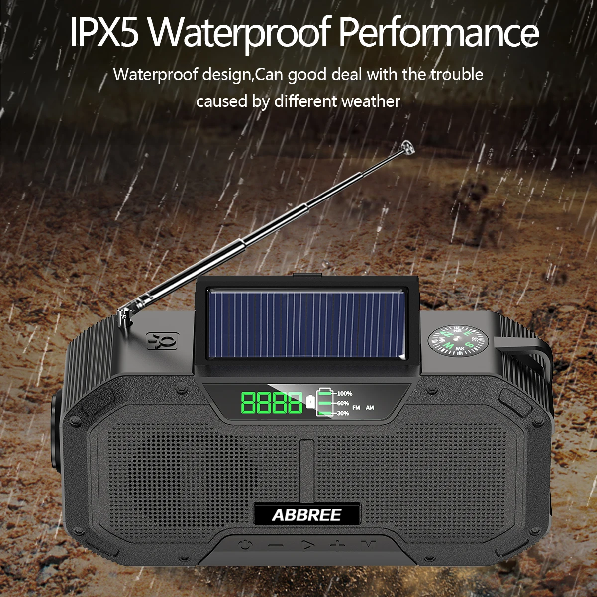 ABBREE IPX5 Водонепроницаемый Многофункциональный Аварийный радиоприемник с автоматическим сканированием AM/FM/NOAA Погодный USB-зарядкой сотового телефона