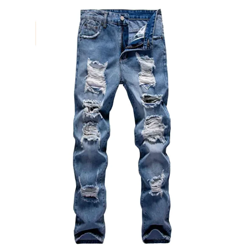 Custom Destroyed Fashion Denim Ripped Slim Fit Straight Distressed Jeans Men