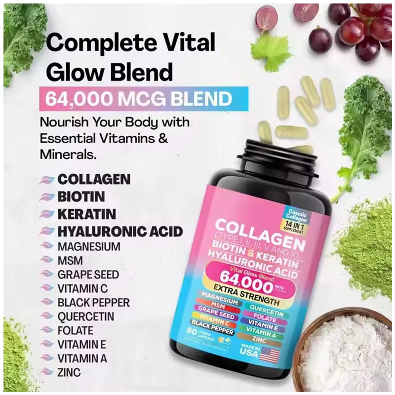 Vegan Friendly Collagen Peptides Powder Multi Vitamins Marine Keratin Biotin Collagen Capsules Healthcare Supplement For Women