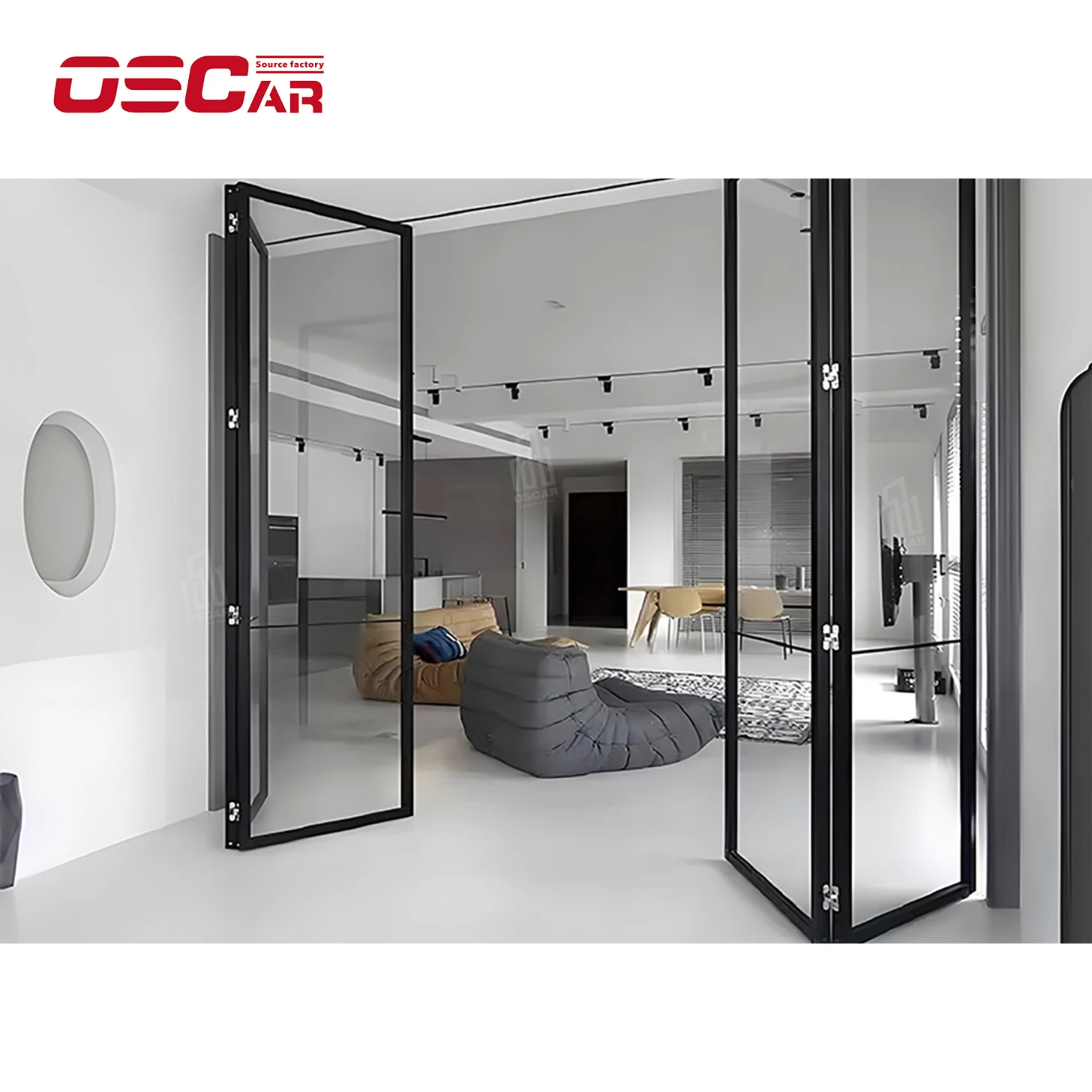 Oscaracso All Aluminum Alloy Bi-Fold Door Partition Kitchen Indoor/Outdoor Bathroom Sliding Open Invisible Hanging Rail for Shop