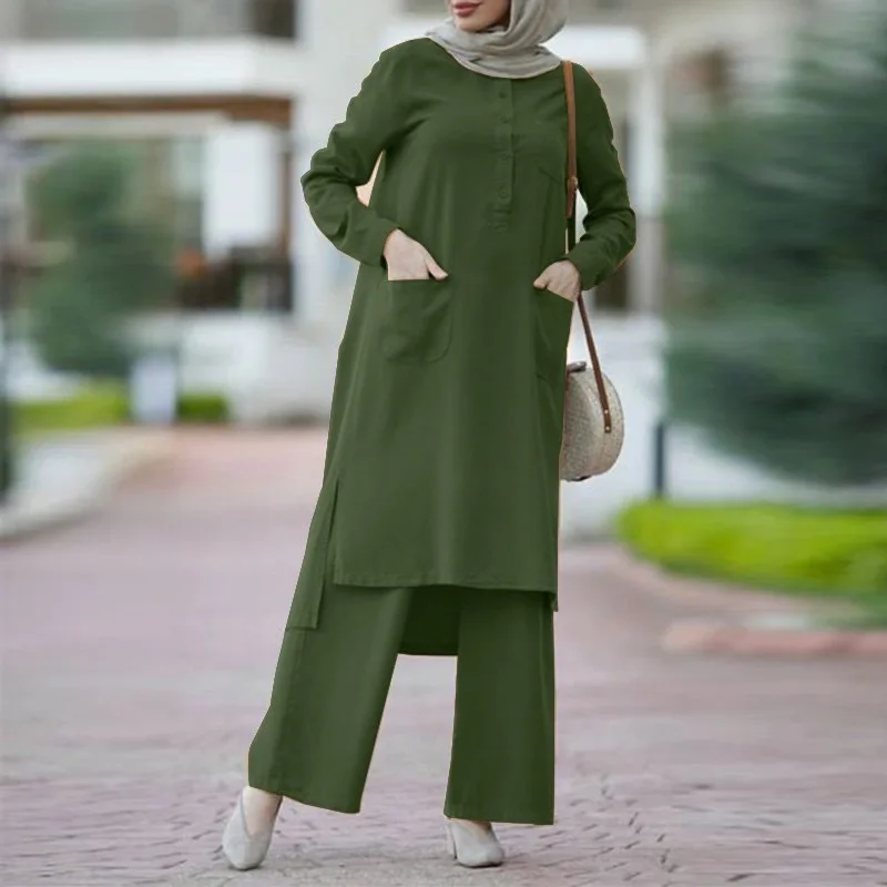 EID Long-sleeved Shirt Trousers Suit Solid Color 2Pcs/set Crew Neck Eid Modest Abaya Dubai 2024 Clothing Set Muslim Women Dress