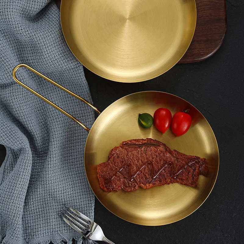 Factory Wholesale Stainless Steel Dinner Plates Korean Gold Round Camping Frying Pan with Handle