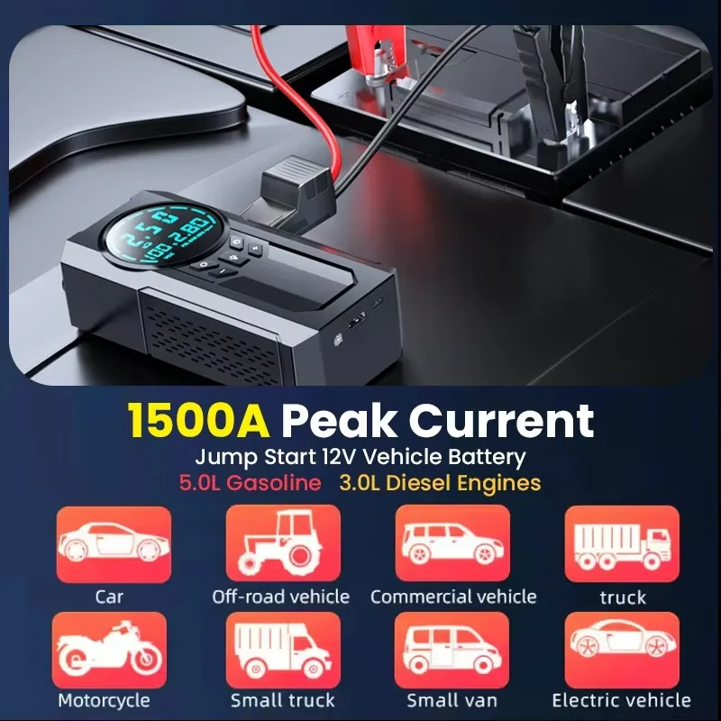 4-in-1 Portable Car Emergency Jump Starter Battery Booster 15000mAh Lithium Battery with Power Bank Tire Inflator Pump LED Light