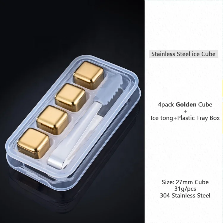 Gold color square reusable ice cubes whiskey gift set stainless steel whiskey stone for drinks