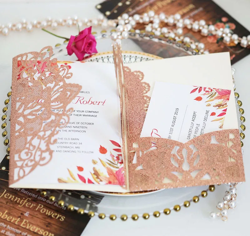 Wholesale europe luxury laser cut wedding card invitation hard cover wedding invitations card envelopes