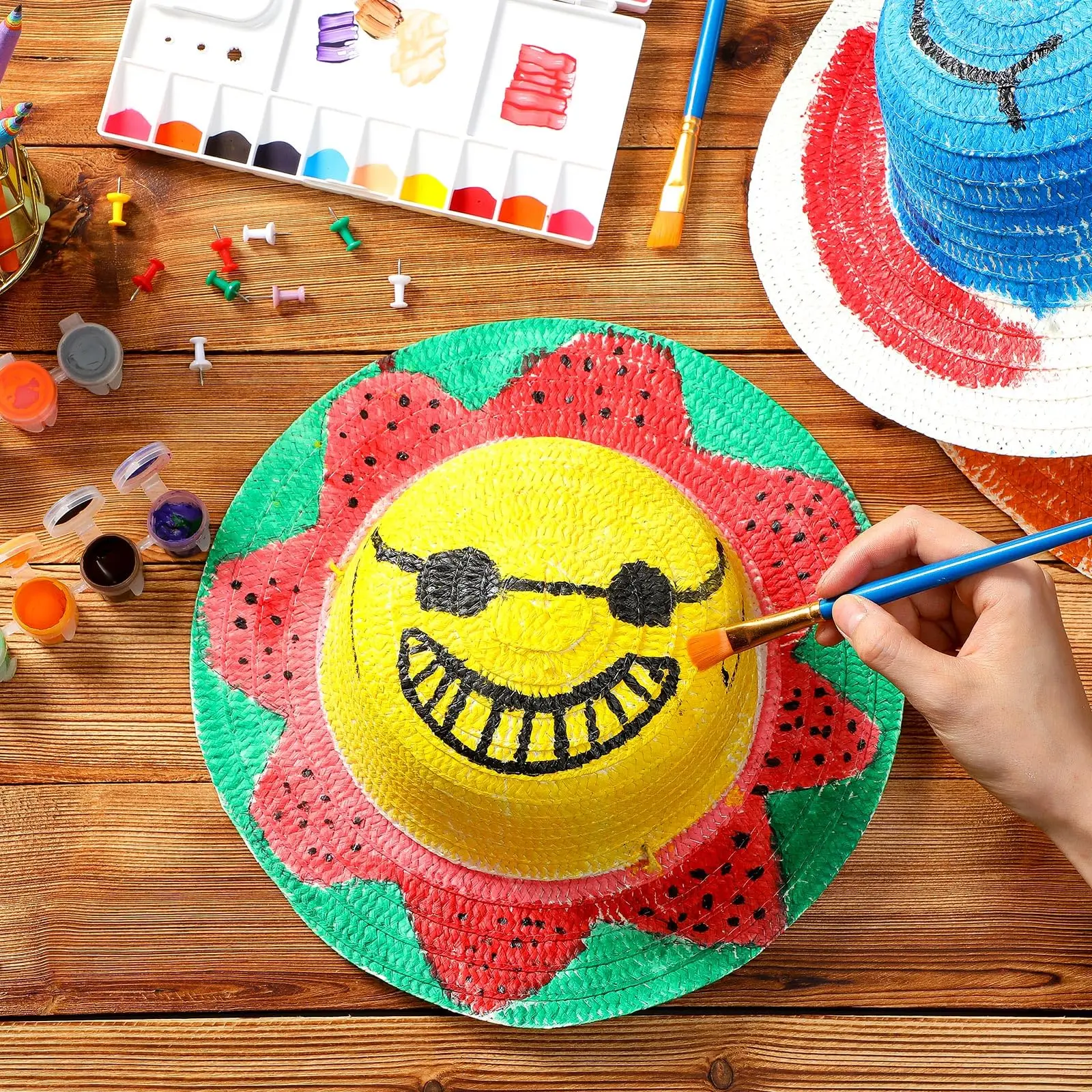 Wowei DIY Straw Hat Set Beach Summer Work Farmer Hats for Men Women Kids Cowboy Birthday Party Decoration