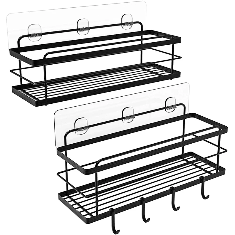 2 pack shower basket with hook, non drilling adhesive wall mounted Bathroom Storage shampoo rack, for hanging sponge, black