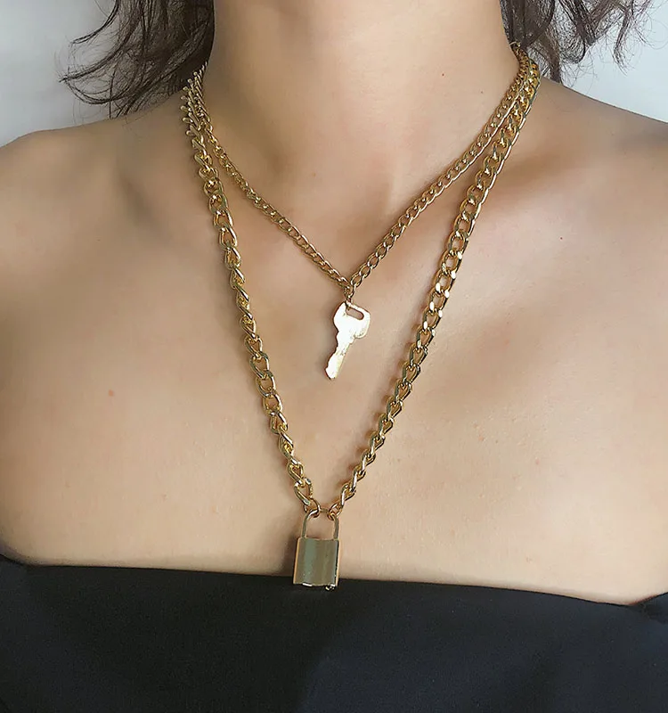 
Fashion multilayer jewelry lock and key gold alloy chain necklace 