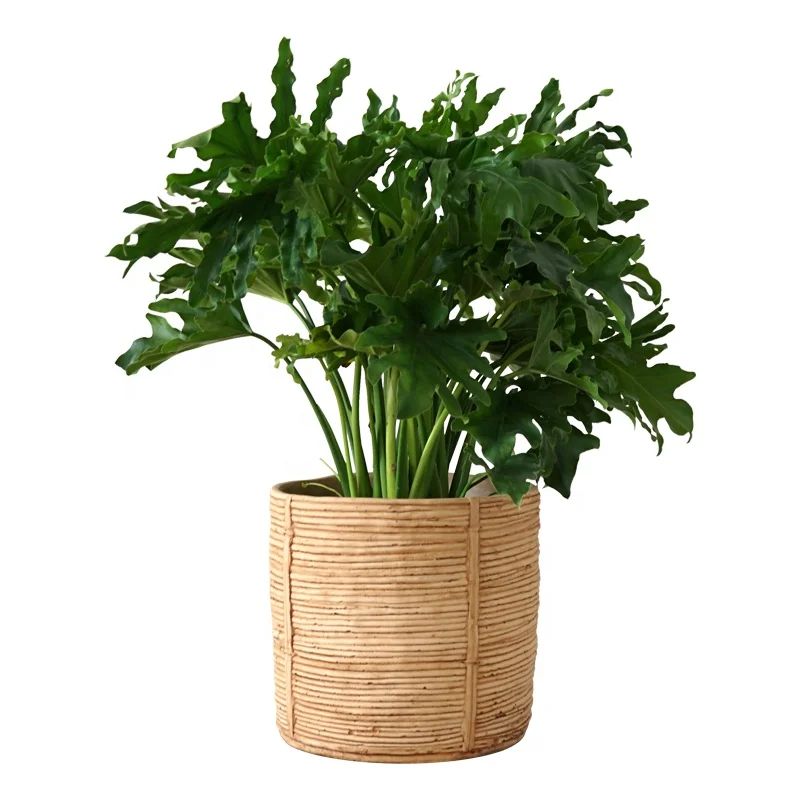 Simple style round shape rattan weaving design cement flower pots for home garden decor