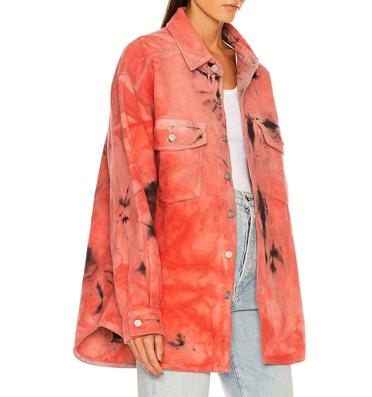 2021 Autumn Suede Tie Dye  Drop Shoulder Oversize Casual Jackets Woman