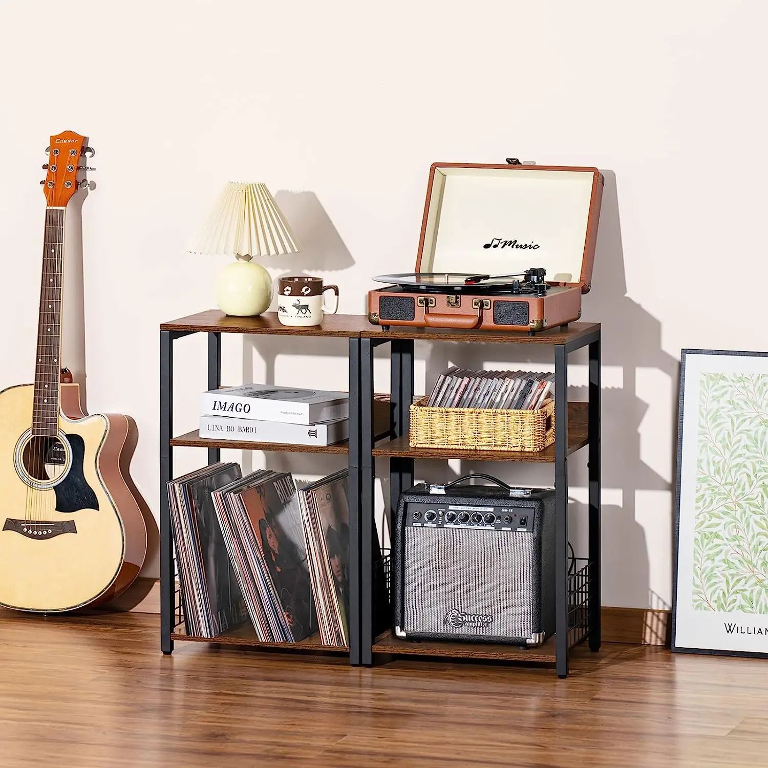 Brown Record Player Stand for Living Room Bedroom,3 Tier End Table,Record Player table with Storage,vinyl record storage