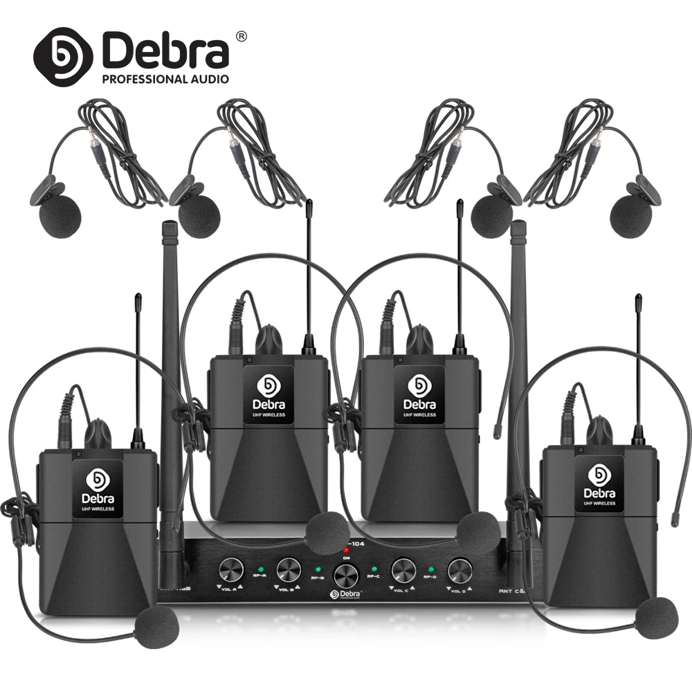 Debra Audio AU400 UHF Pro 4channel bodypack Lavalier & Headset Portable wireless microphone system for karaoke church party
