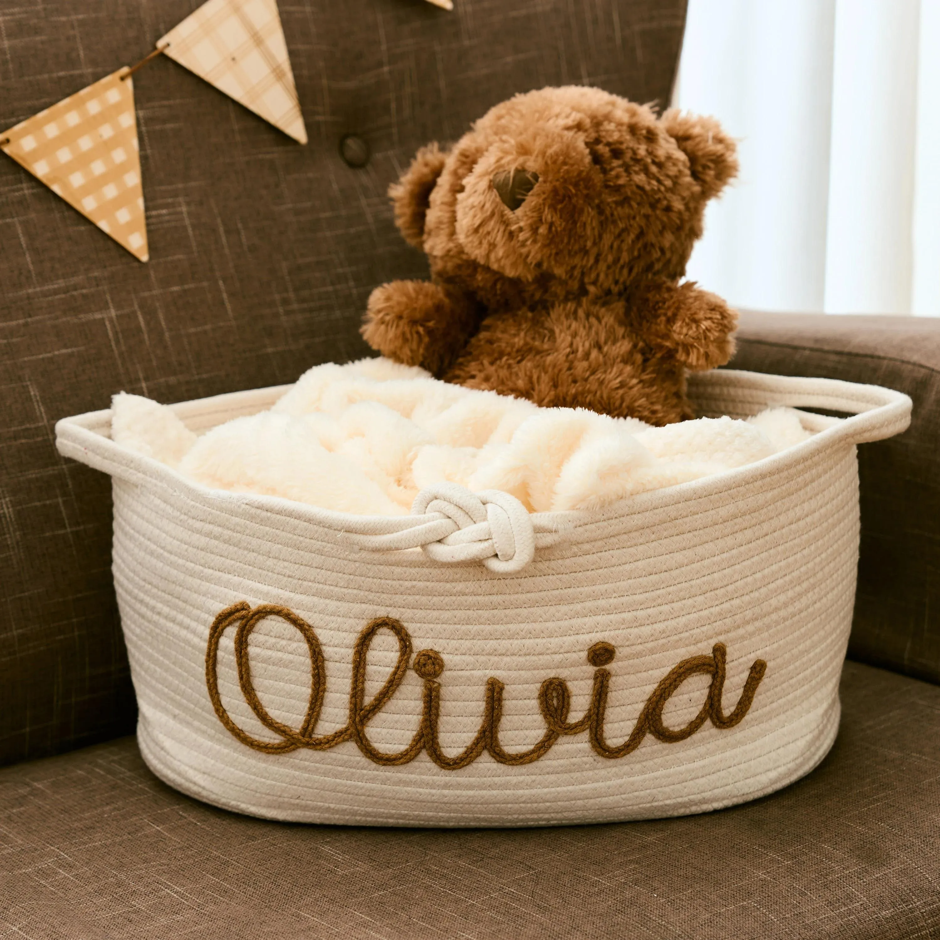 Custom Personalized Baby Shower Gift Basket Rope Cotton Baby Name Toy Basket Diaper Organizer