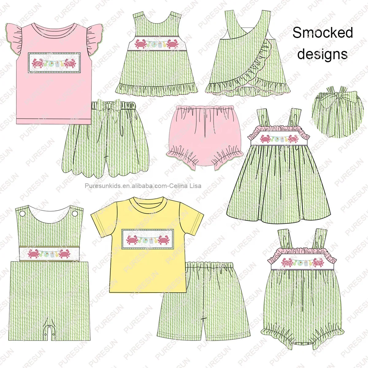 Hot sale smocked baby clothing flutter sleeve shirt scalloped shorts baby girl clothes set wholesale little girls outfits