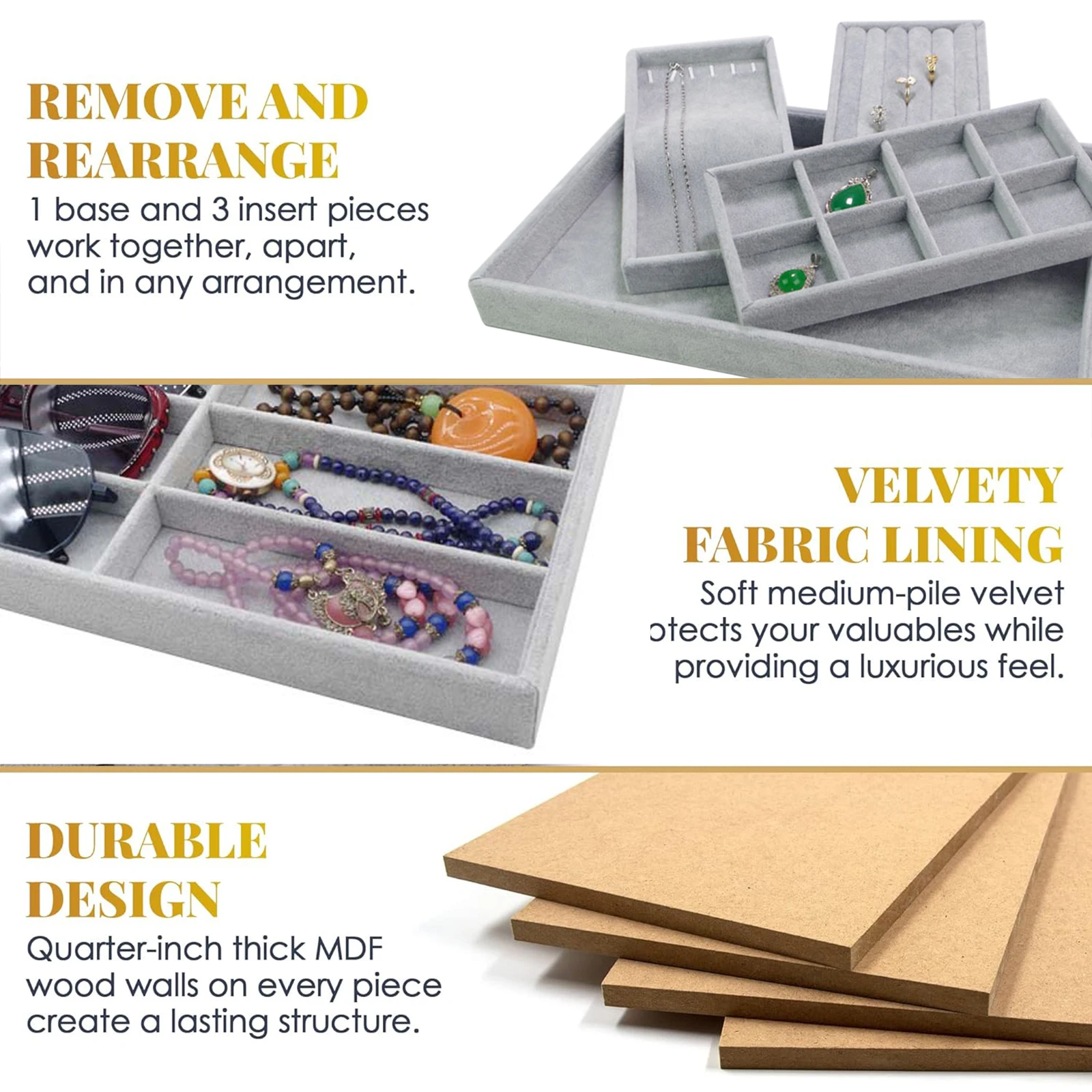 Jewelry Tray Organizer,Stackable Accessories,Storage, Grey,Earring Box,Adjustable Drawer Insert,Velvet Ring Holder,Bracelet