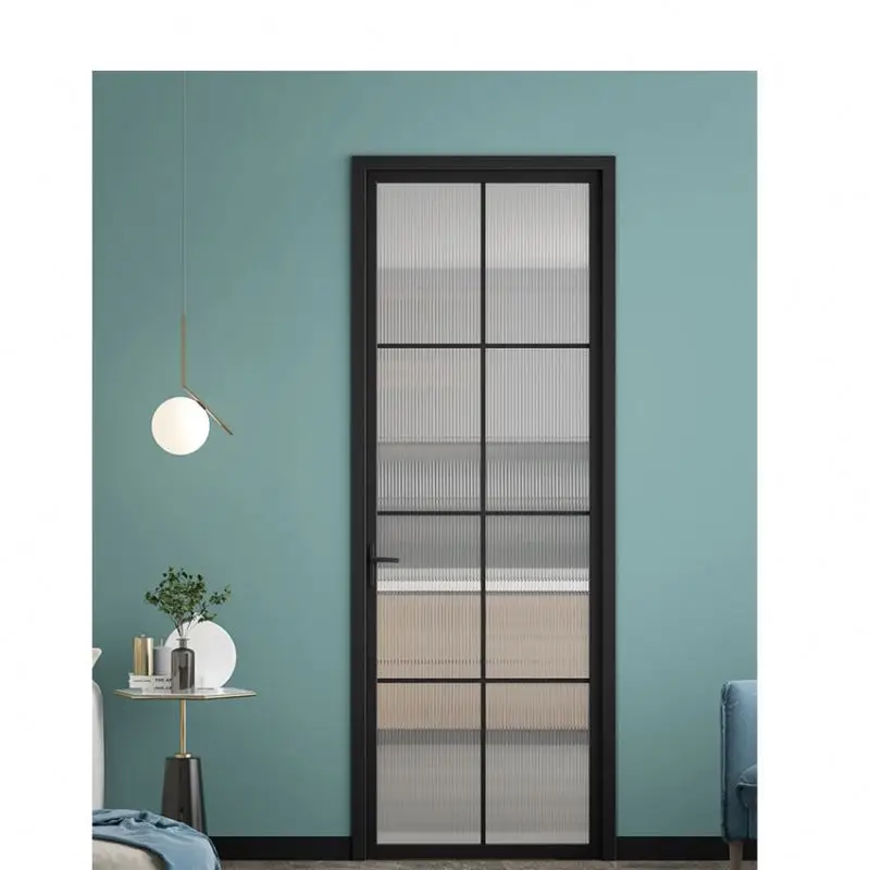 Crittall Modern Black Metal Narrow Frame Interior Stained Glass Aluminum Hinged Swing French Single Door For Office