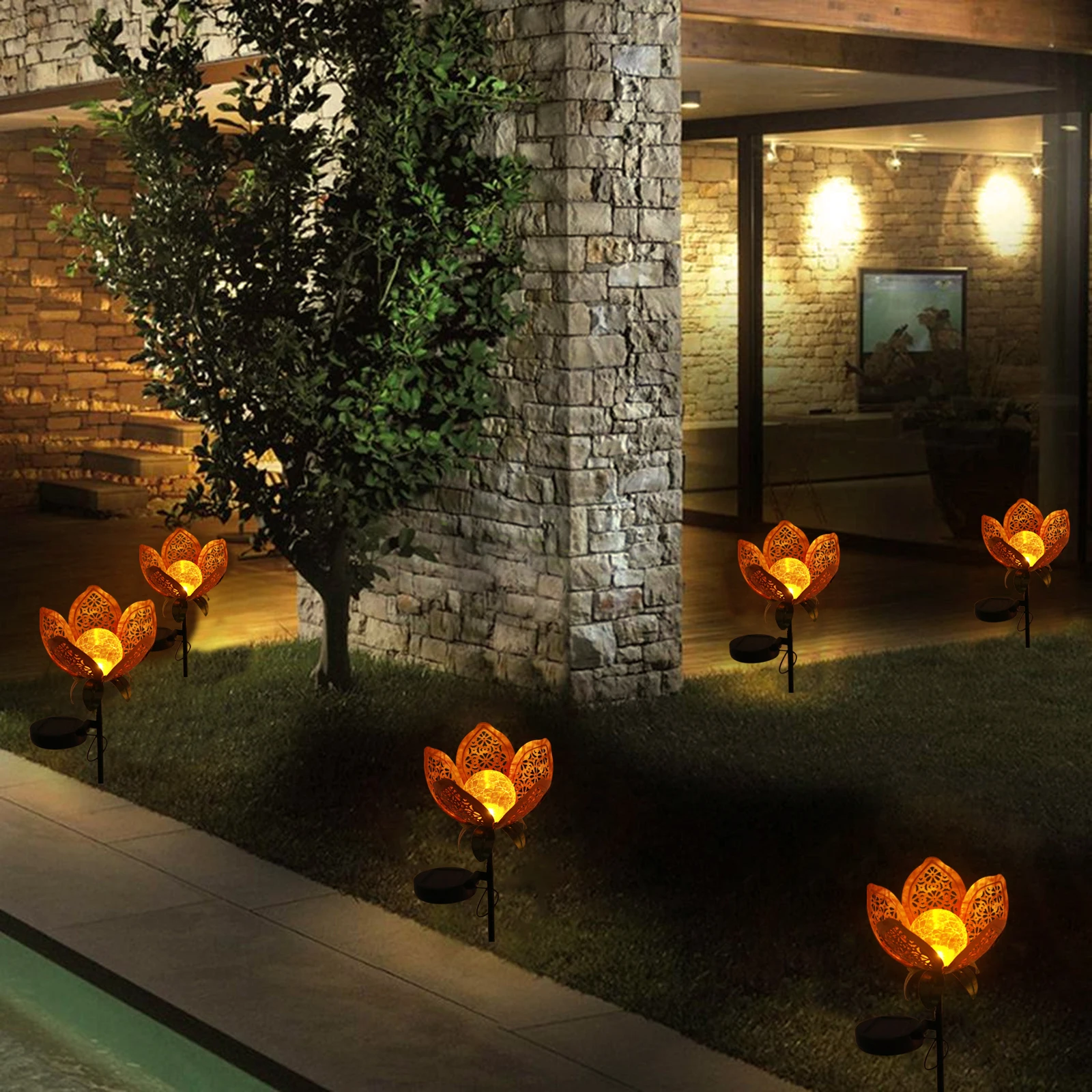 Quality Assurance Solar Iron Hollow Out Lotus Shape Decorative Lamp for Garden Landscape